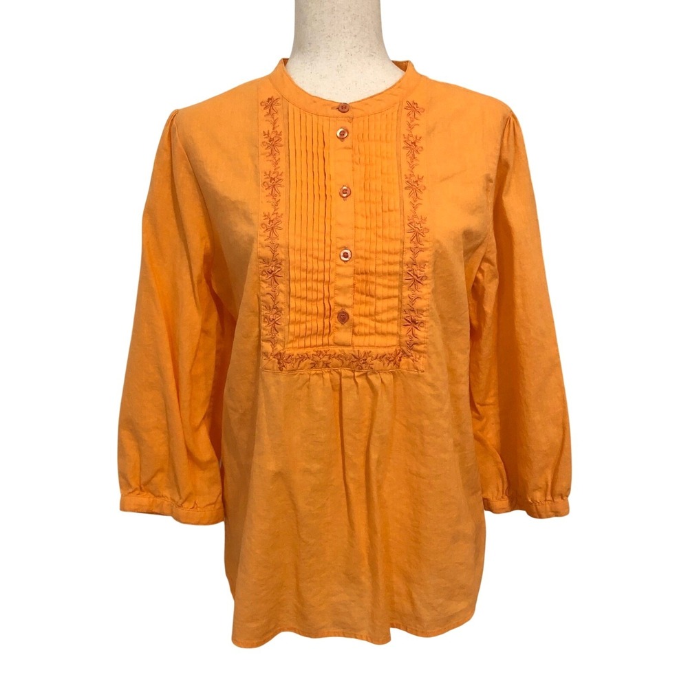 VTG 90s Linen Blend Embroidered Blouse Large Orange Cottagecore Peasant Spring